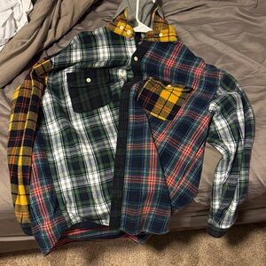 American Eagle Outfitters MultiColor Plaid Patchwork Flannel Shirt Jacket Hooded